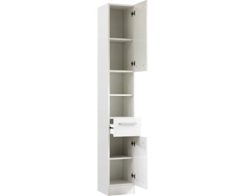 Vitt badrumsskåp med hyllor och låda