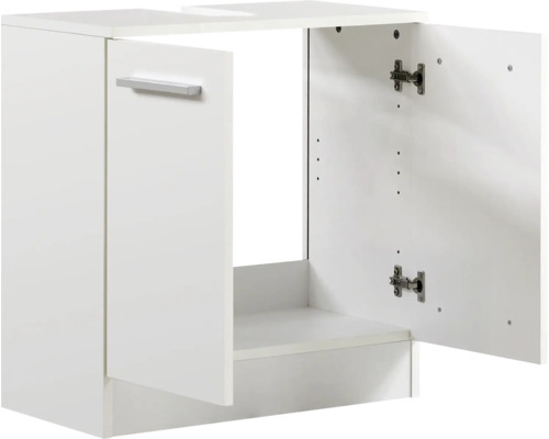 Vitt tvättställsskåp med öppna dörrar