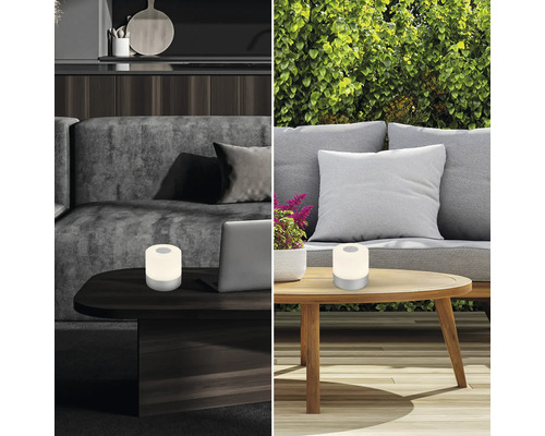 Batteridriven lampa på ett bord inomhus och utomhus