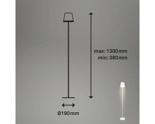 Mått på en golvlampa: maximal höjd 1300 millimeter, minimal höjd 380 millimeter, diameter 190 millimeter