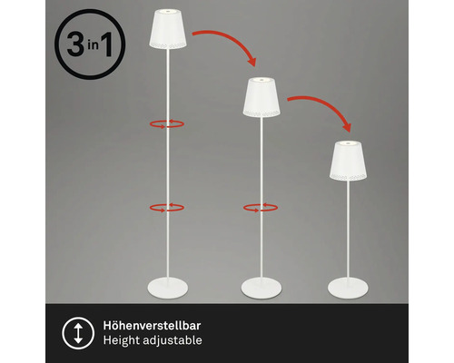 Höj- och sänkbar golvlampa visad i tre olika inställningar.