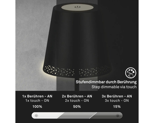 Touchdimbar lampa med olika ljusstyrkenivåer.