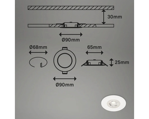 Teknisk ritning av en rund infälld spotlight med mått