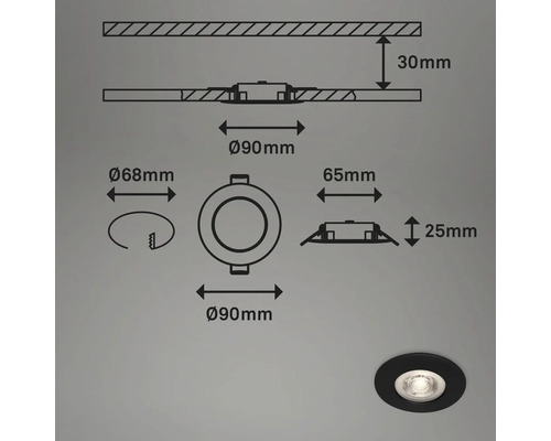 Teknisk ritning av en rund infälld spotlight med mått