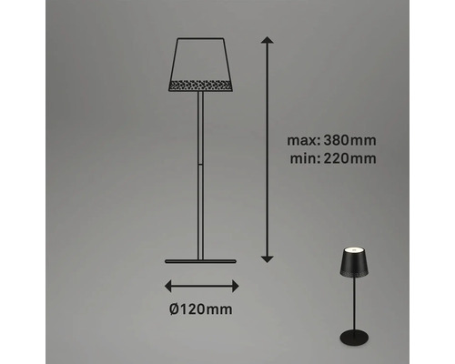 Skiss och produktfoto av bordslampan med måtten: maximal höjd 380 mm, minimal höjd 220 mm, diameter 120 mm