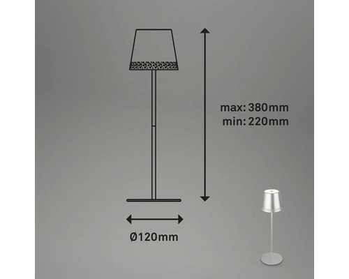 Teknisk ritning av en bordslampa med en höjd på 220 till 380 millimeter och en diameter på 120 millimeter.