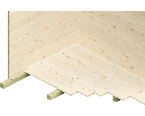 Hörnvy av ett trähus med trägolv