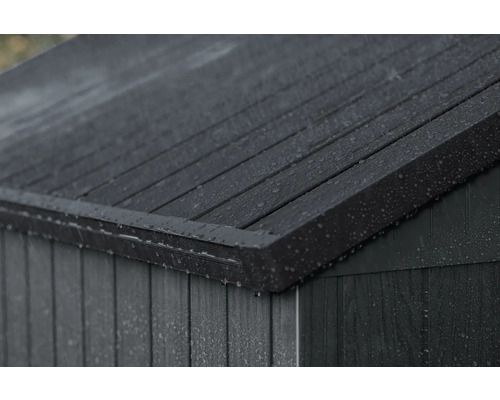 Detalj av ett trädgårdsskjulets trätak i regnet