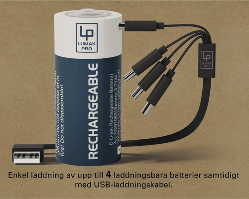 Lumak Pro D litiumjonbatteri med USB-laddningskabel för att ladda upp till fyra batterier samtidigt