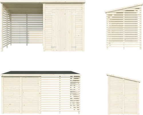 Olika vyer av en trädgårdsskjul med vedförvaring