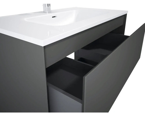 Tvättställsskåp med handfat och öppna lådor