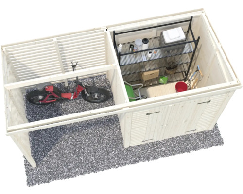 Bild av ett trädgårdshus i trä med cykelförråd och verktygsutrymme med hylla