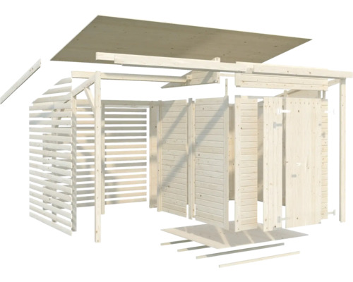 Sprängskiss av ett trädgårdshus i trä