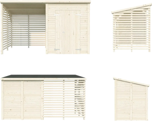 Olika vyer av ett trädgårdshus i trä med vedbod