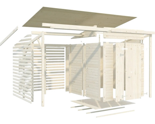 Sprängskiss av ett trädgårdshus i trä med lamellvägg