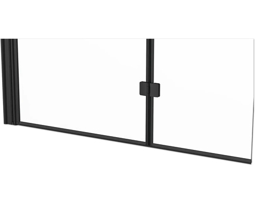 Detaljvy av duschkabin med svart ram och handtag