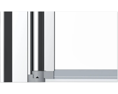 Detaljvy av en duschkabin med metalldetaljer