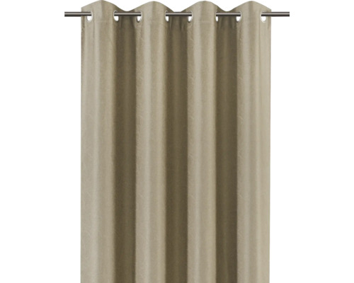 Beige gardin med öljetter på en gardinstång