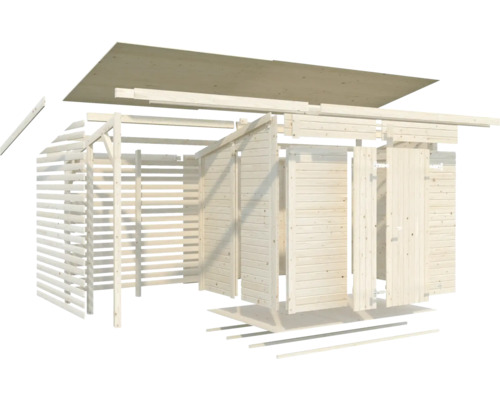 Sprängskiss av ett trädgårdshus i trä