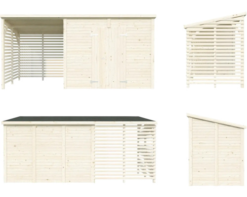 Trädgårdshus i trä med redskapsbod och vedförvaring