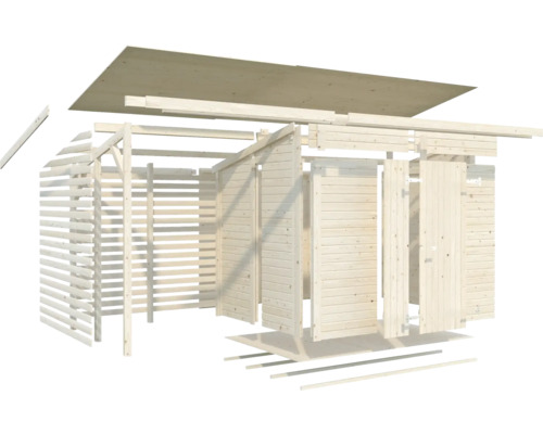 Sprängskiss av ett trädgårdshus i trä