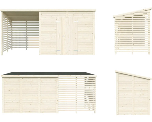 Flera vyer av ett trädgårdsskjul med vedförvaring