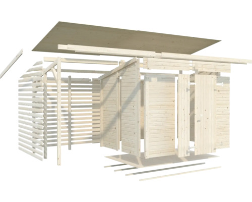 Sprängskiss av ett trädgårdshus i trä