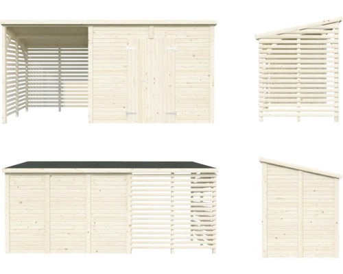 Flera vyer av ett trädgårdsredskapshus i trä med tillbyggnad för ved.