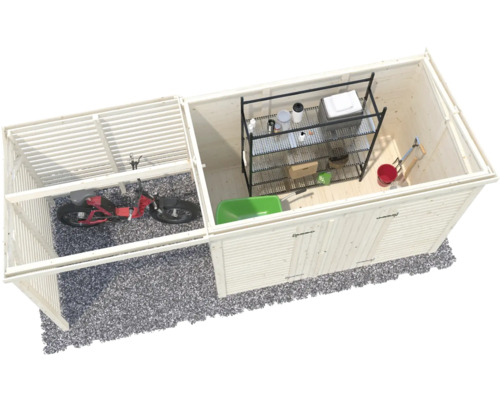 Trädgårdsskjul med cykel, hylla, skottkärra och trädgårdsredskap