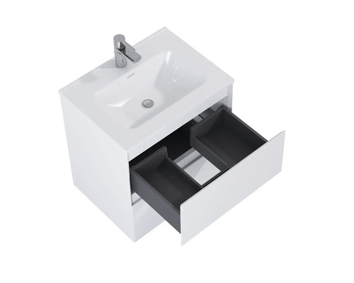 Tvättställsskåp med öppen låda och handfat