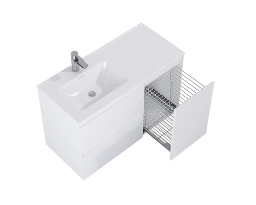 Tvättställsskåp med öppet utdrag och tvättställsblandare