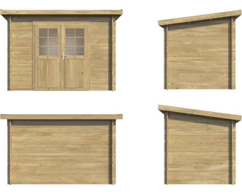 Trädgårdshus i trä med dubbeldörr och pulpettak i olika vyer