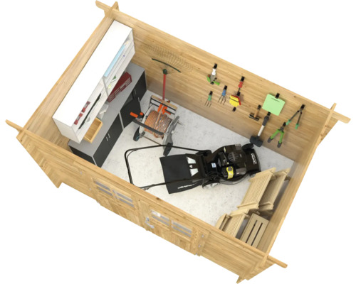 Interiör av ett trädgårdshus med gräsklippare, trädgårdsredskap och arbetsbänk