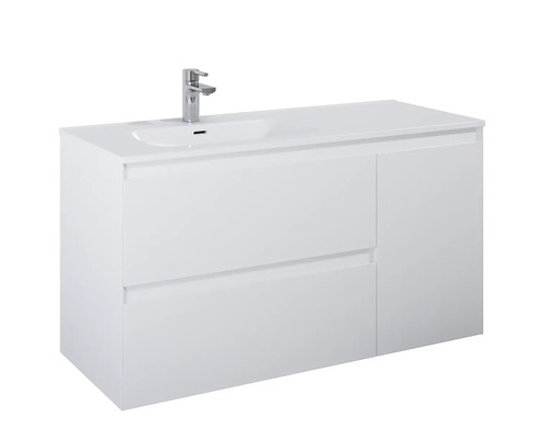 Vitt tvättställsskåp med två lådor och ett skåpfack inklusive armatur.