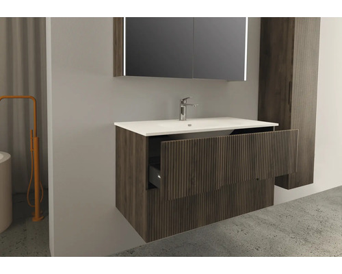 Tvättställskombination med tvättställ, spegelskåp och högskåp i badrummet