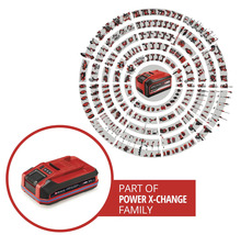 Einhell Power X-Change batteri med olika elverktyg i bakgrunden