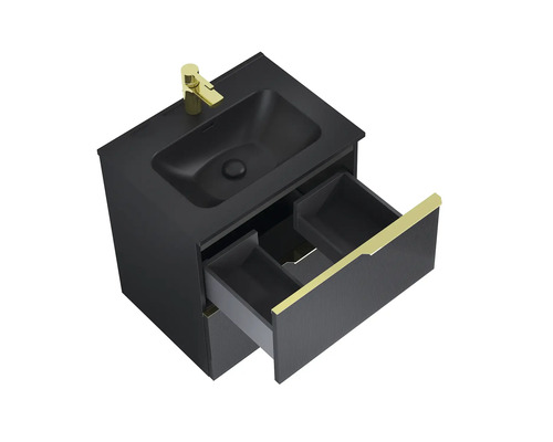 Tvättställsskåp med öppen låda och guldfärgad armatur