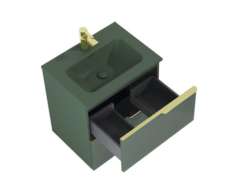 Tvättställsskåp med öppen låda och armatur