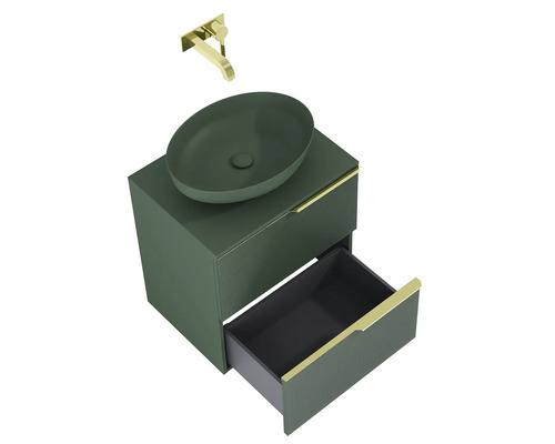 Tvättställskombination med handfat, underskåp med låda och armatur för badrummet