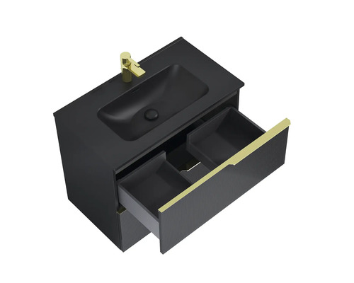 Svart tvättställsskåp med två lådor och guldfärgade handtag