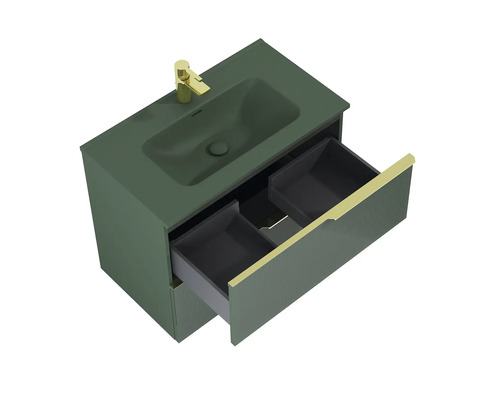 Tvättställsskåp med öppen låda och tvättställ ovanpå