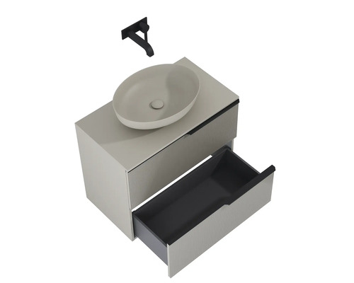 Tvättställsskåp med tvättställsskål, öppen låda och armatur