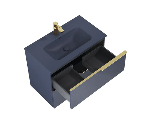 Tvättställsskåp med öppen utdragslåda och tvättställ