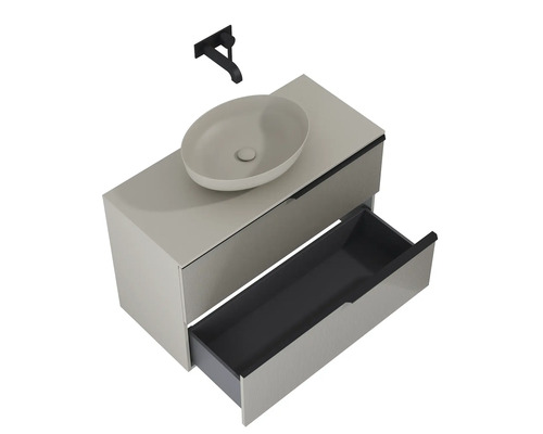 Tvättställskombination med tvättställsskål och öppen låda samt väggarmatur