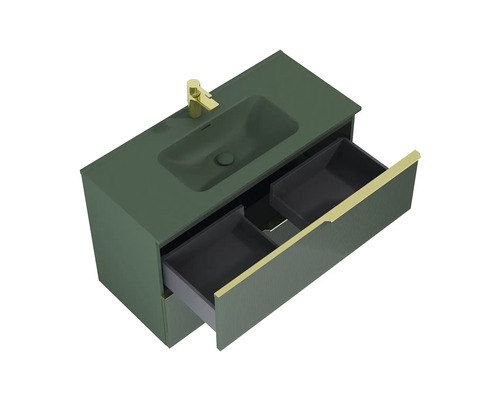 Tvättställsskåp med öppen låda och infällt tvättställ