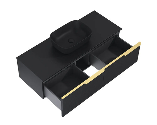 Tvättställsskåp med bänktvättställ och öppna lådor