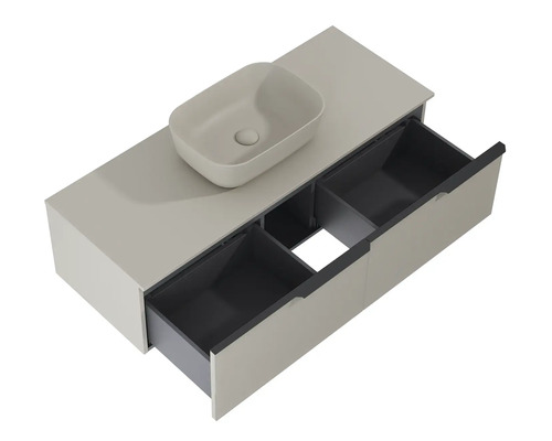 Tvättställsskåp med tvättställsskiva, fristående tvättställ och öppna lådor