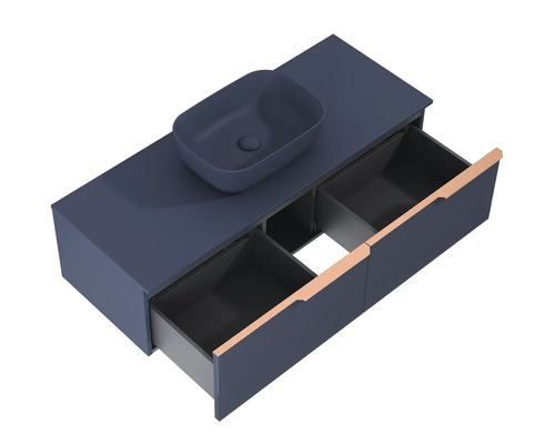 Tvättställsskåp med tvättställsskål och öppna lådor