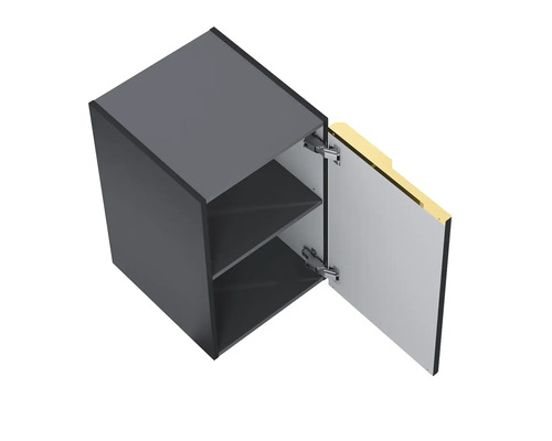 Vägghängd skåp med öppen dörr och två hyllor