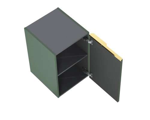 Vägghängt skåp med öppen dörr och två hyllor